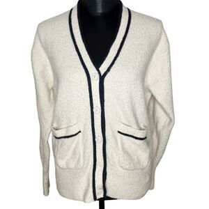 J Crew Sweater Cardigan Boucle Varsity Collegiate Ivory Navy Blue Size Small